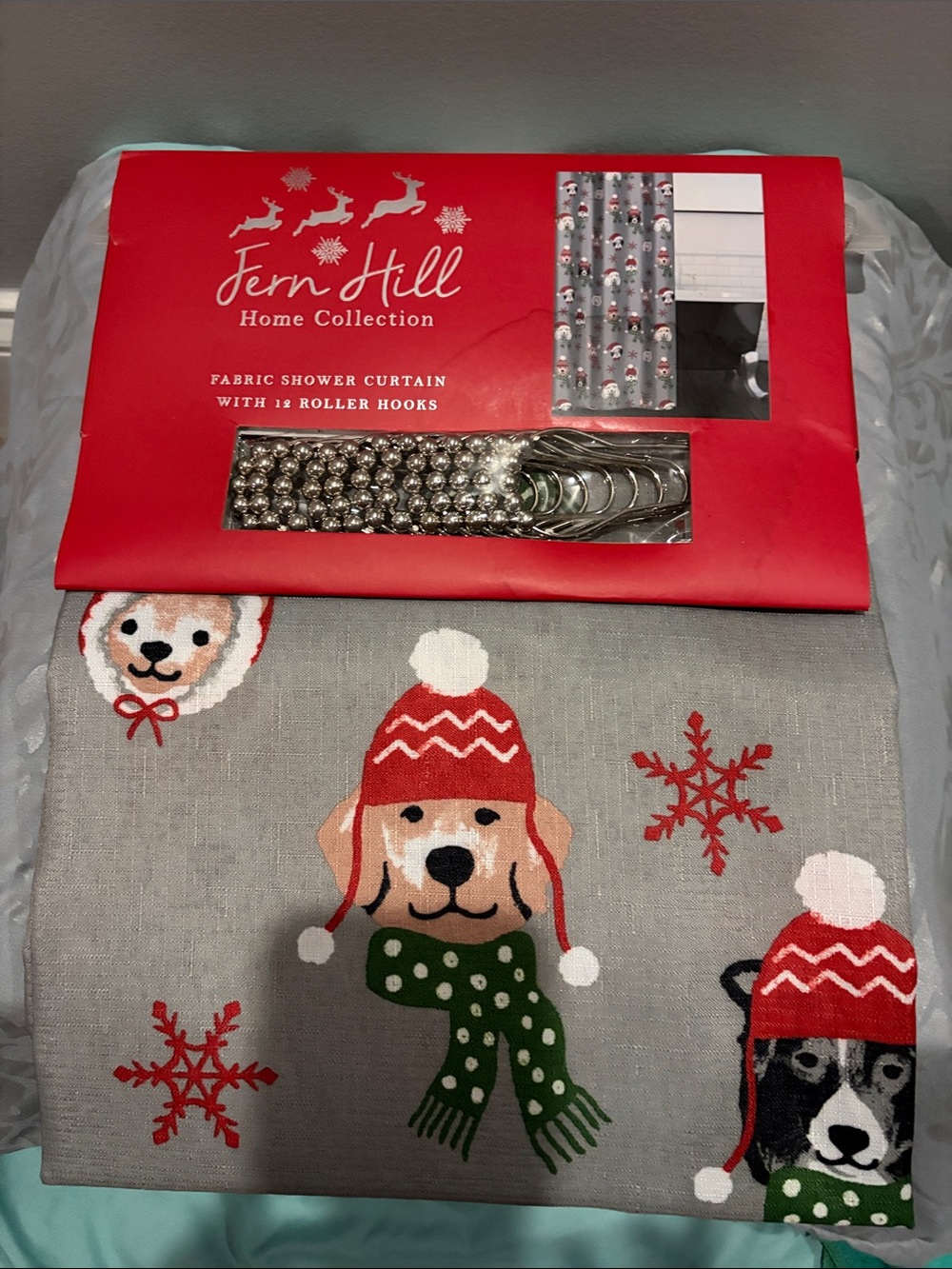 Gray Holiday Dog Print Fabric Shower Curtain